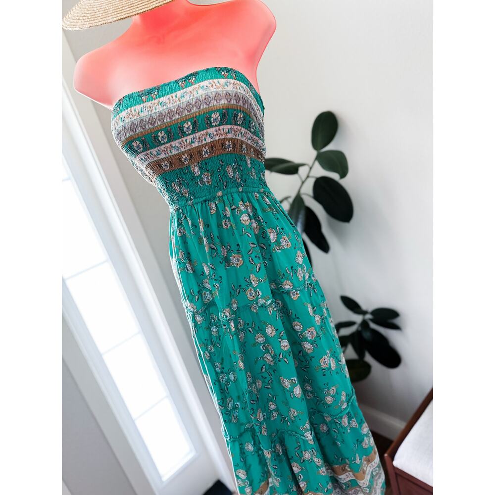 Barefoot Beneath the Palms strapless Smocked flowing boho floral maxi dress M - Picture 5 of 10